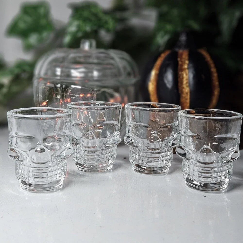 Original Set Of 4 Shot Glasses 3-D Skull Clear Glass Halloween /Day Of The Death